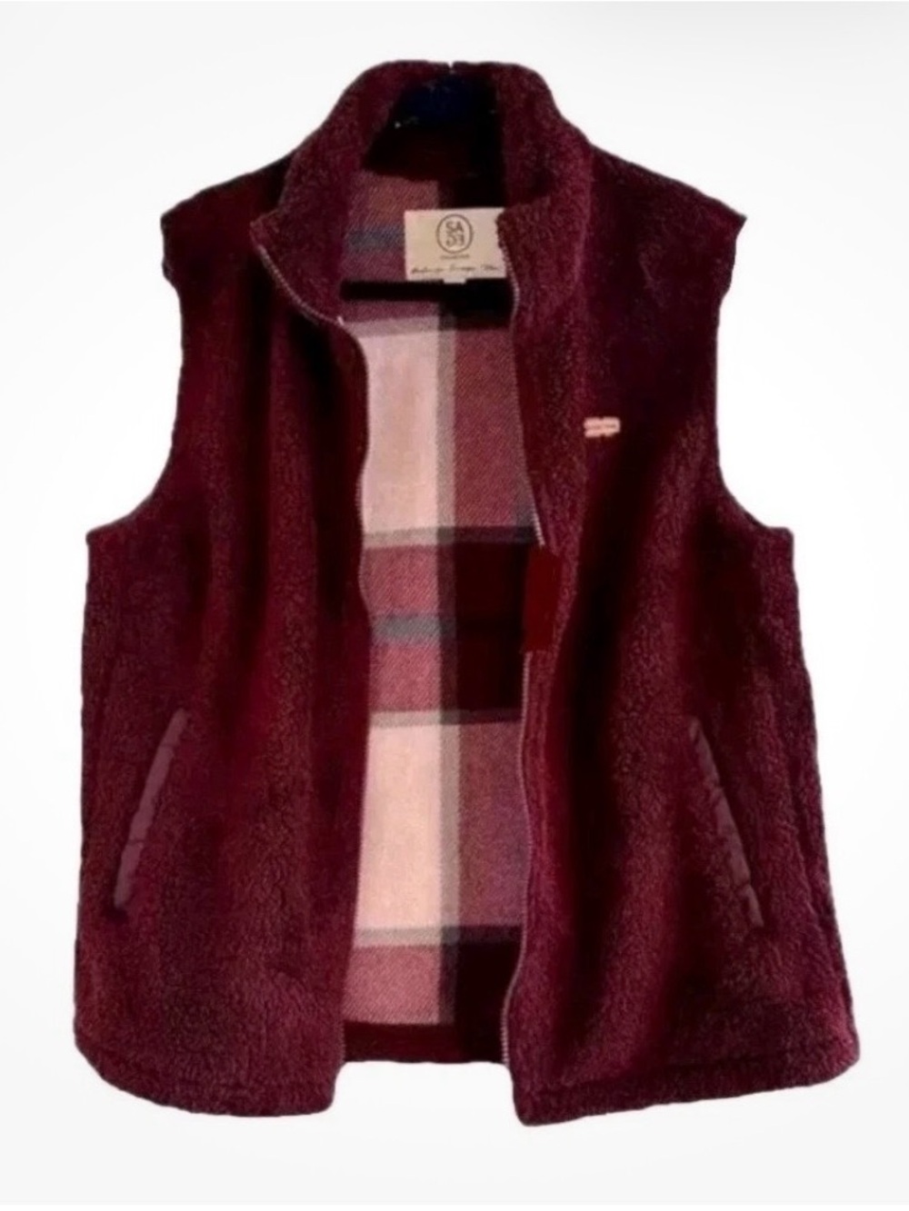 Woman’s Burgundy Plush Fleece Vest with Plaid Lining Small